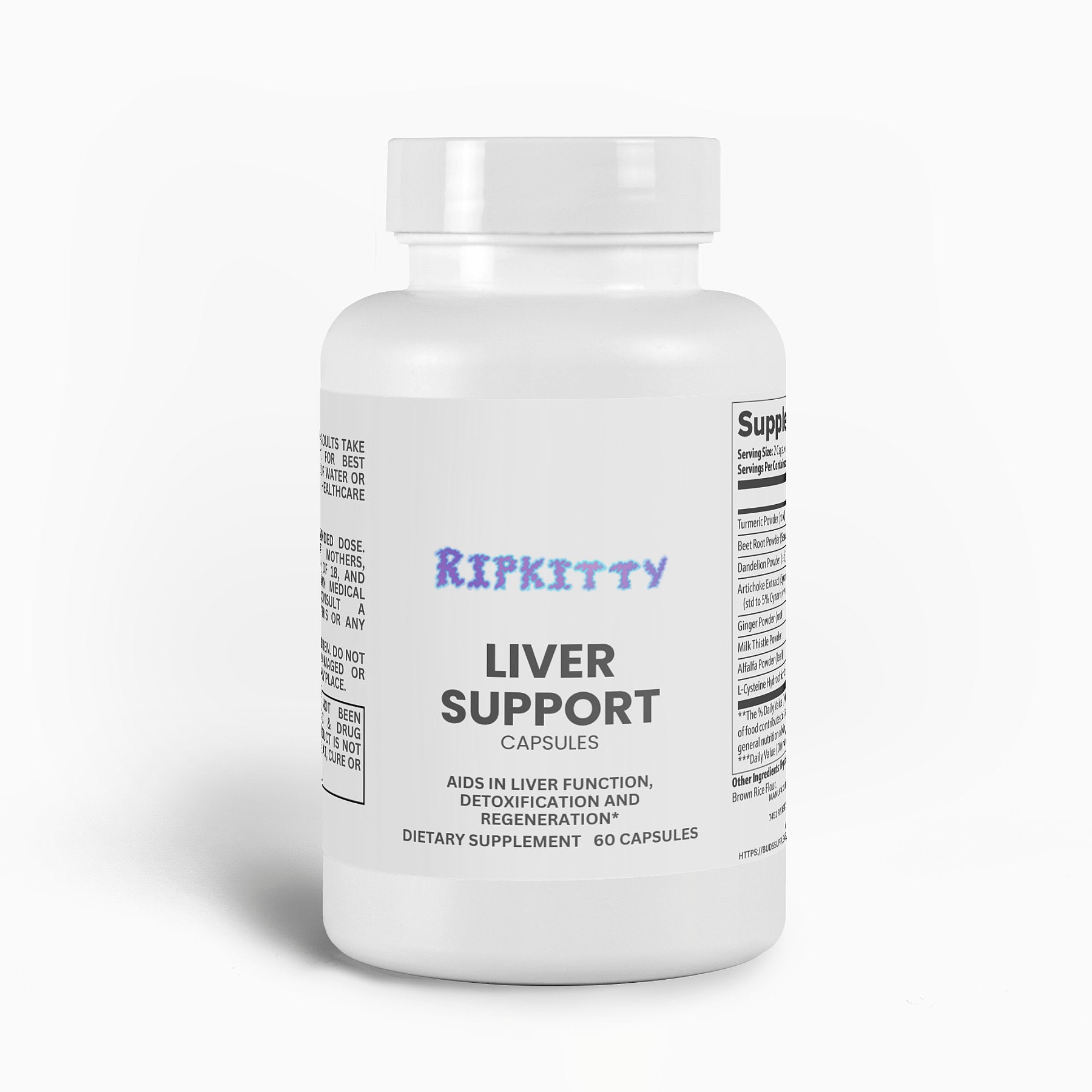 Supplement bottle labeled 'Liver Support' by Ripkitty on a white background