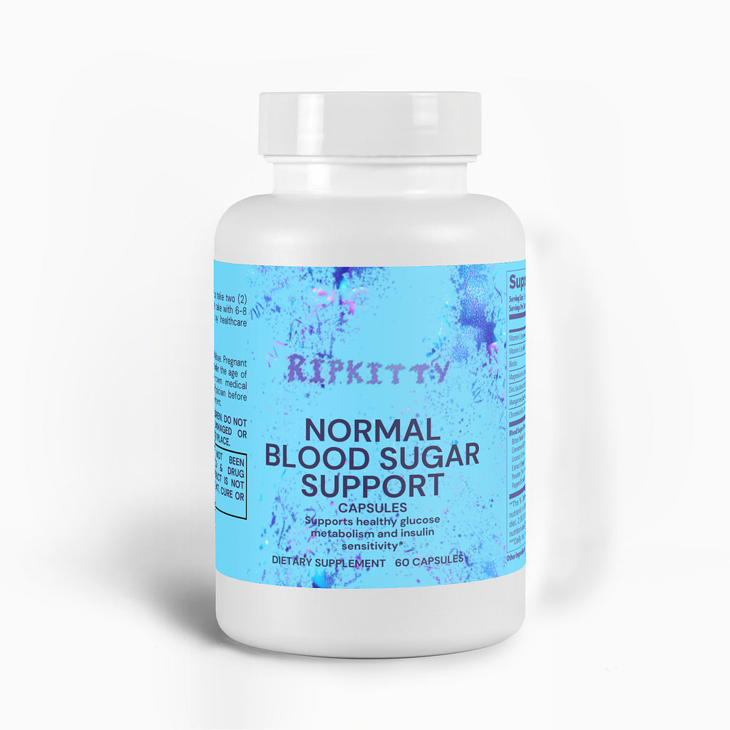 Supplement bottle labeled 'Normal Blood Sugar Support' by Ripkitty on a white background