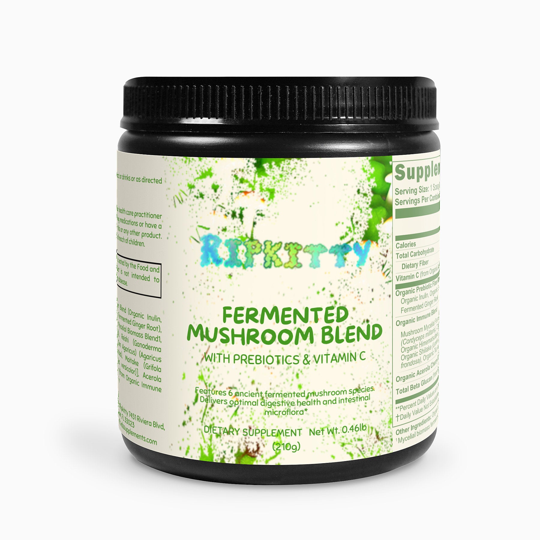 Supplement jar labeled 'RipKitty' with 'Fermented Mushroom Blend' on a white background