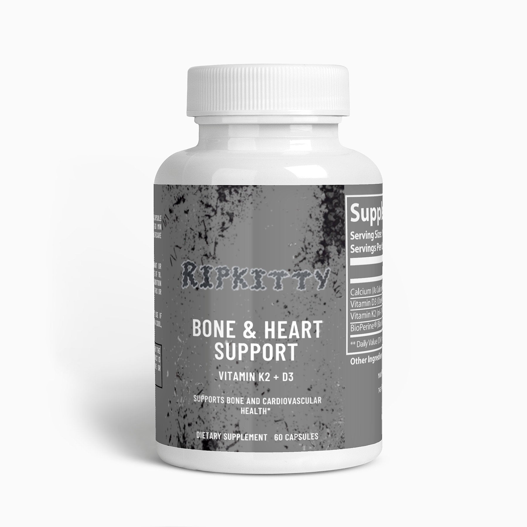 Supplement bottle labeled 'Ripkitty Bone & Heart Support' on a white background