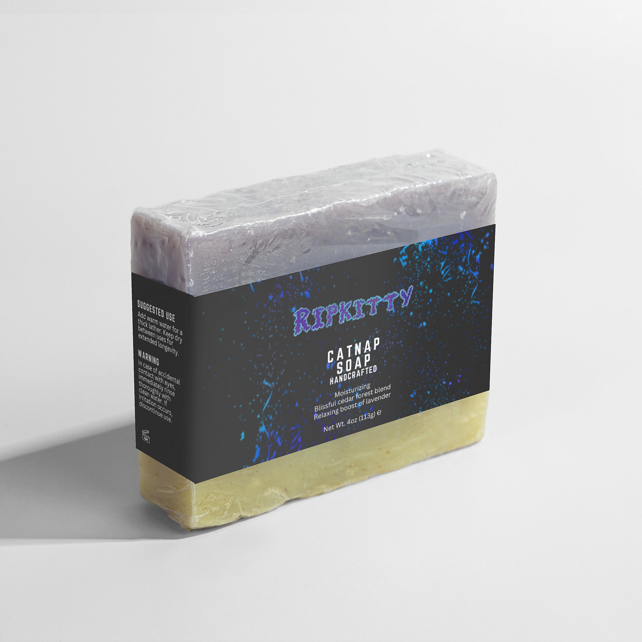 Bar of soap with a black label on a light gray background