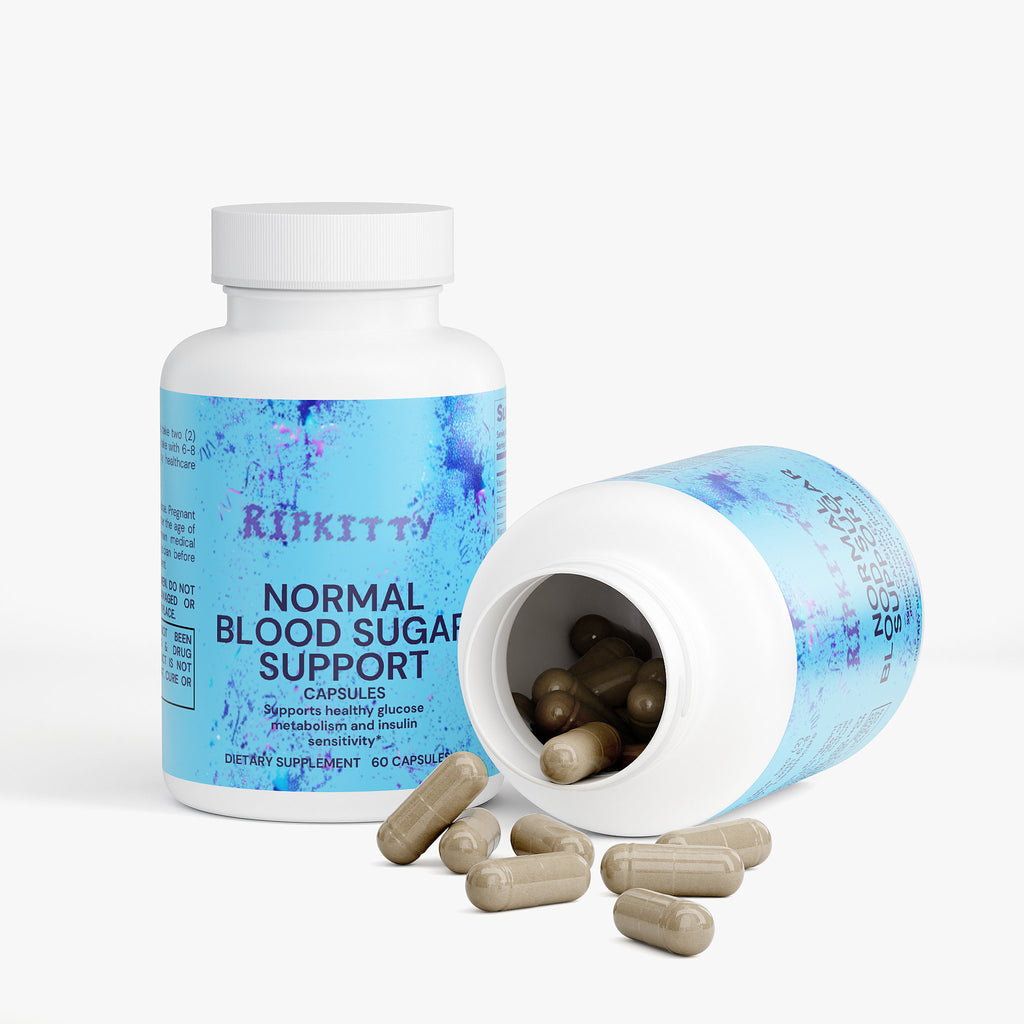 Supplement bottle labeled 'Normal Blood Sugar Support' with capsules on a white background