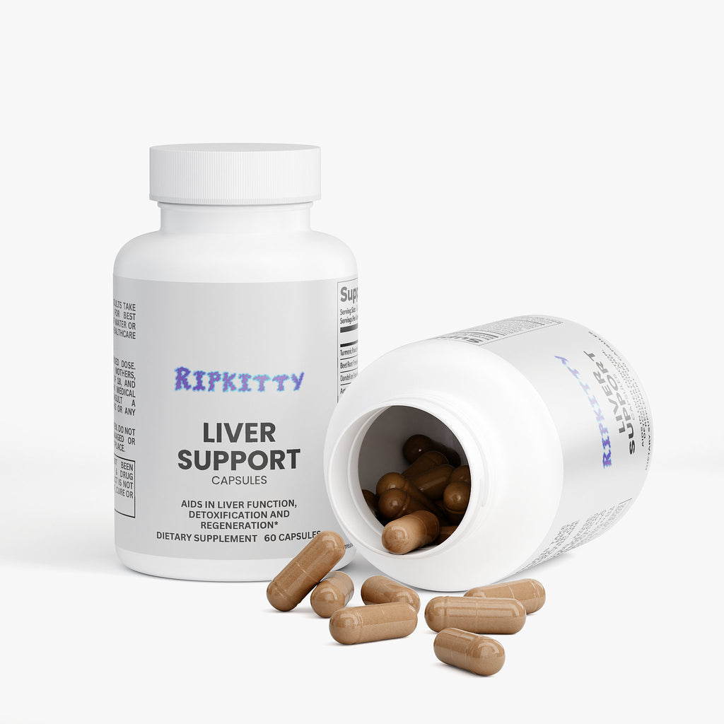 Liver support supplement bottle with open lid showing capsules on a white background
