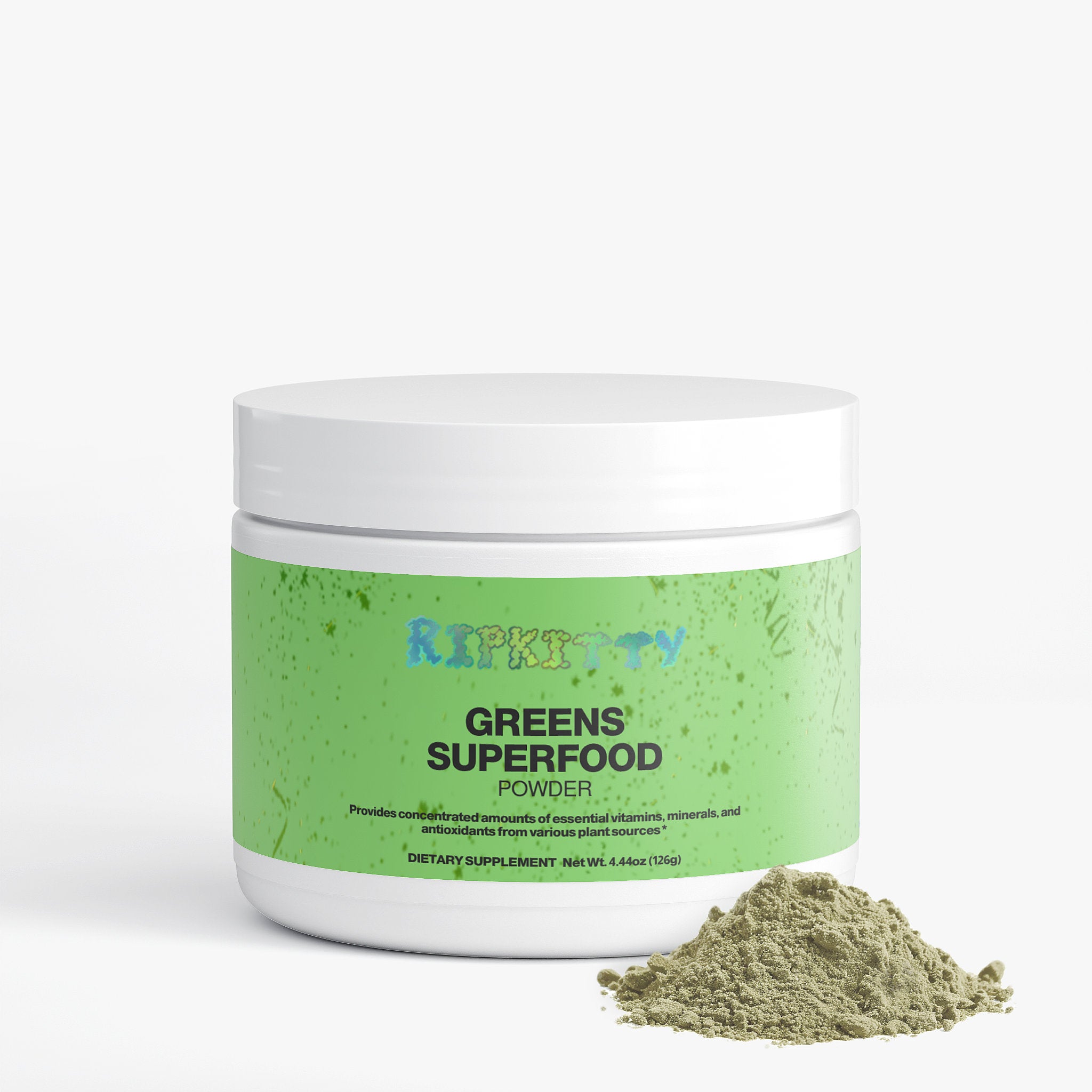 Jar of greens superfood powder with a green label on a light gray background
