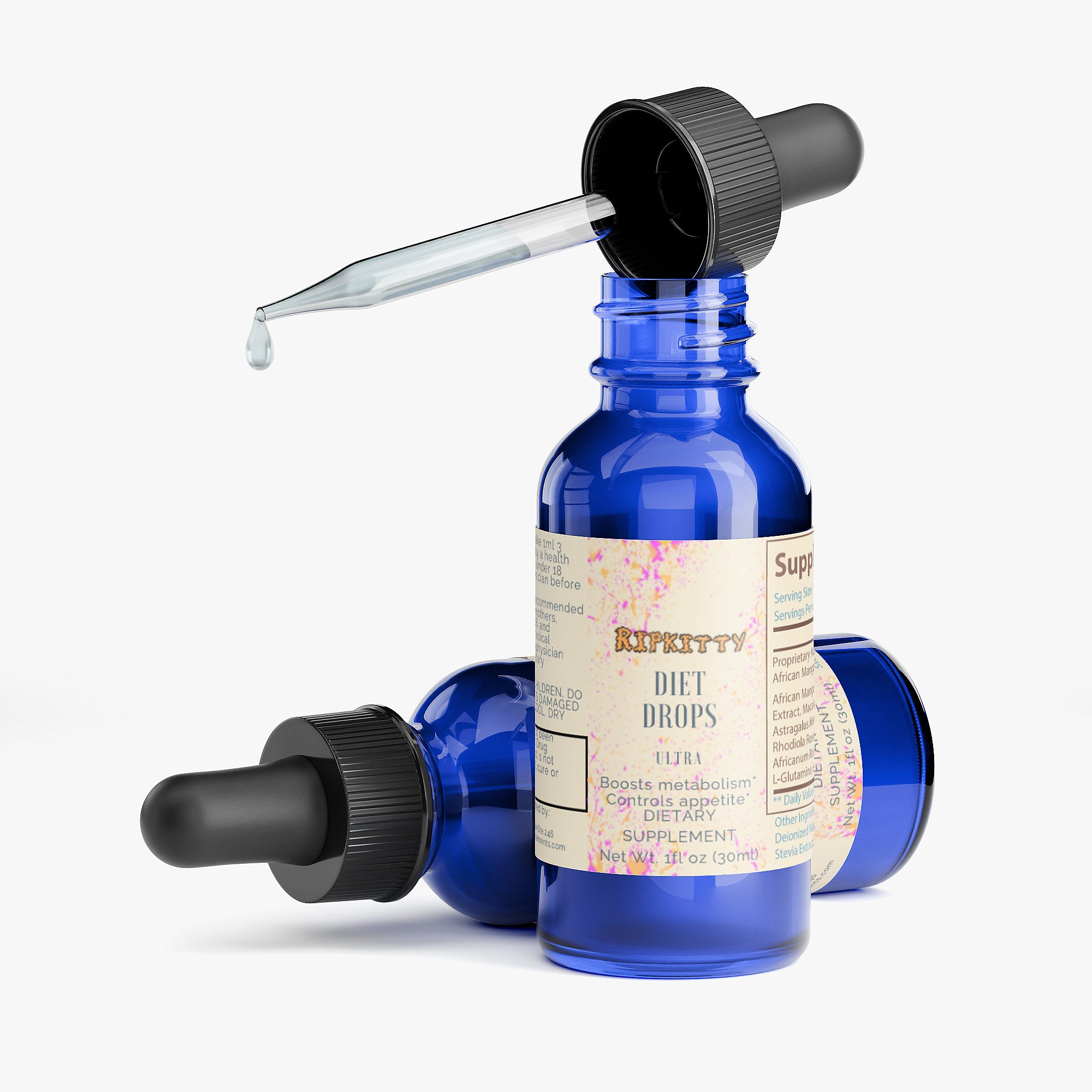 Blue dropper bottles with a label on a white background
