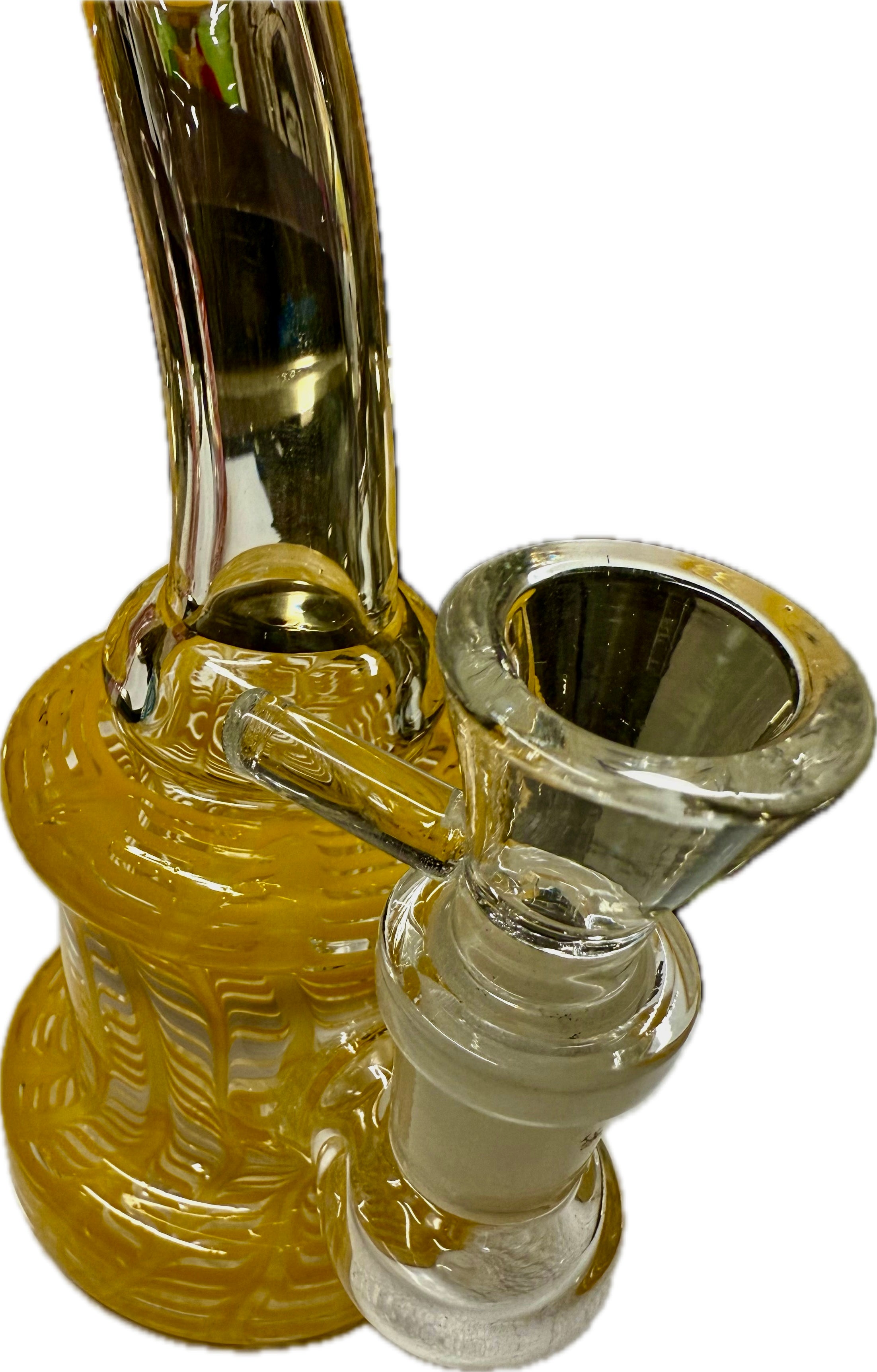 Solo shot of Ripkitty 5" fancy mini bong in amber gold with ribbed body and clear 14mm male bowl