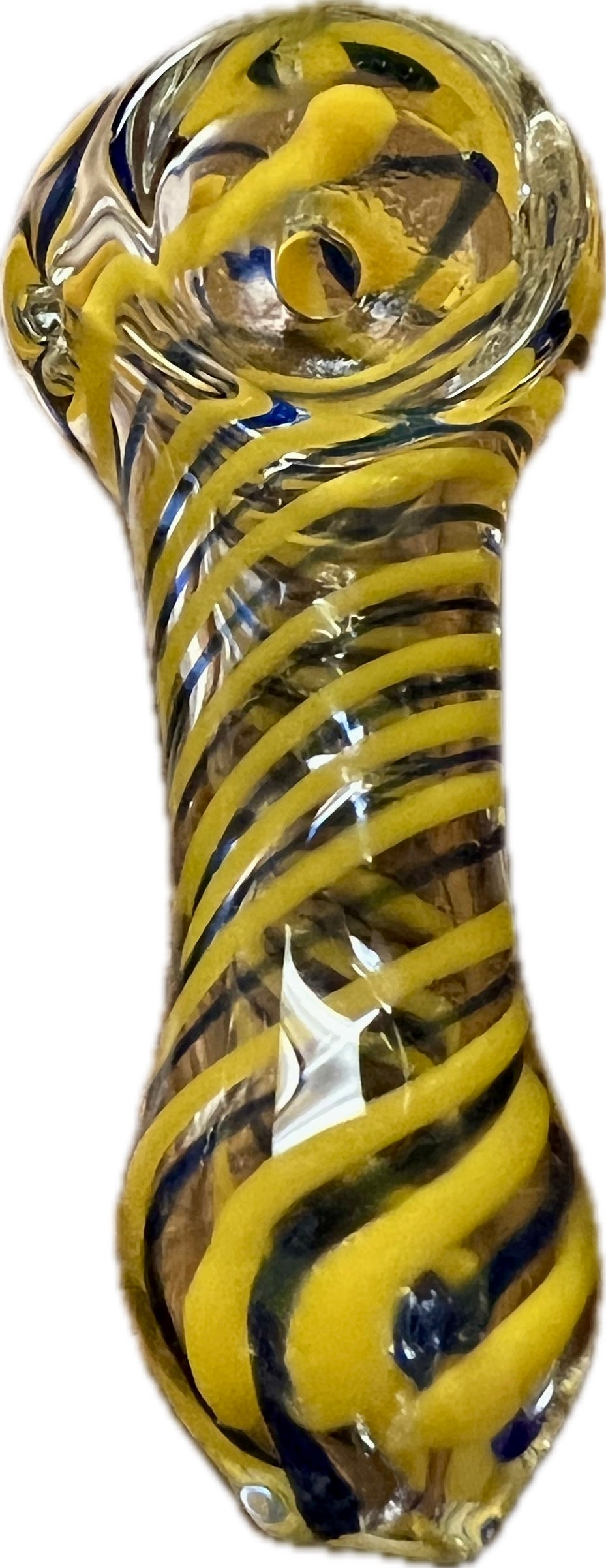 Ripkitty 3" striped swirly handblown glass spoon pipe — yellow and navy blue spiral stripe colorway, angled side view showing bowl end with yellow glass nub and tight helical stripe pattern, white background