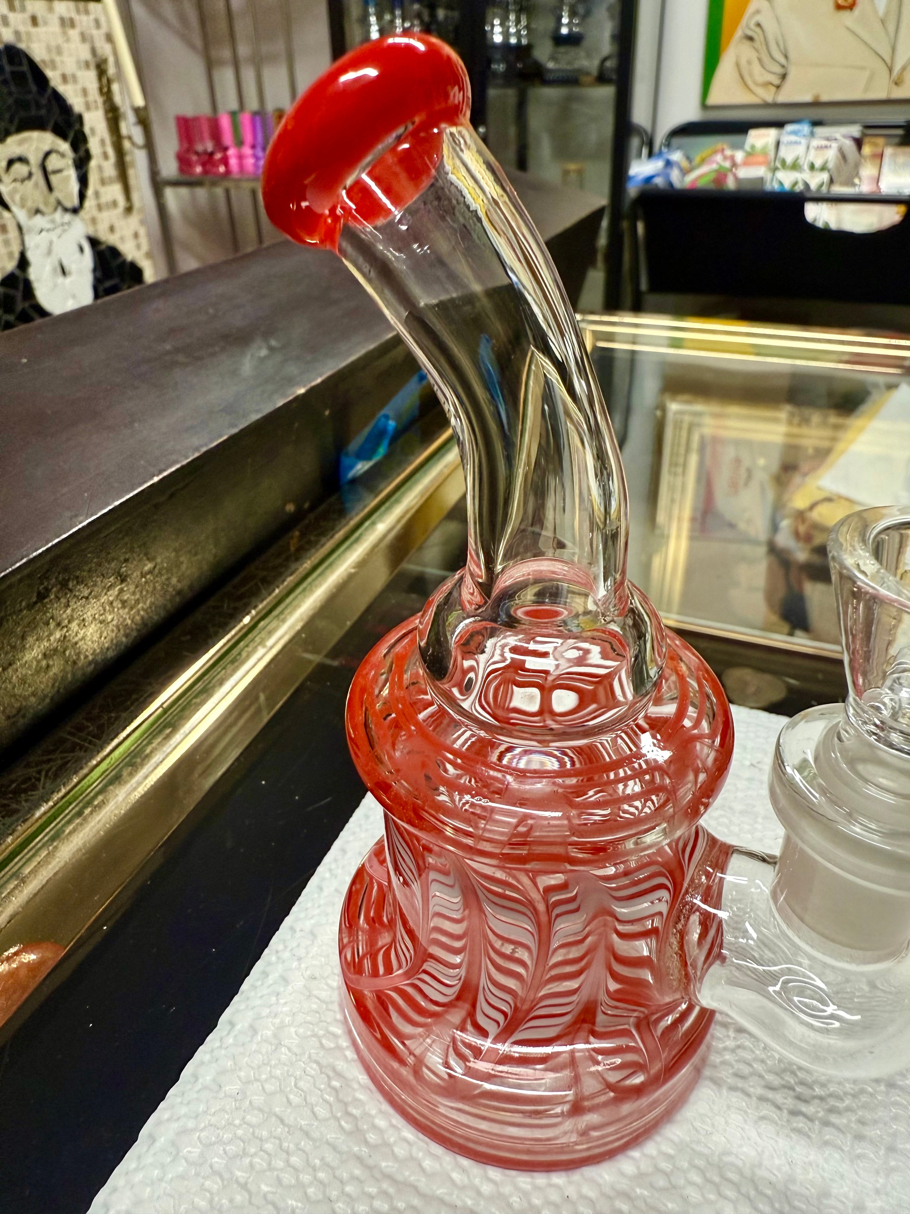 Top-down or alternate angle of Ripkitty 5" fancy red mini bong with 14mm male bowl