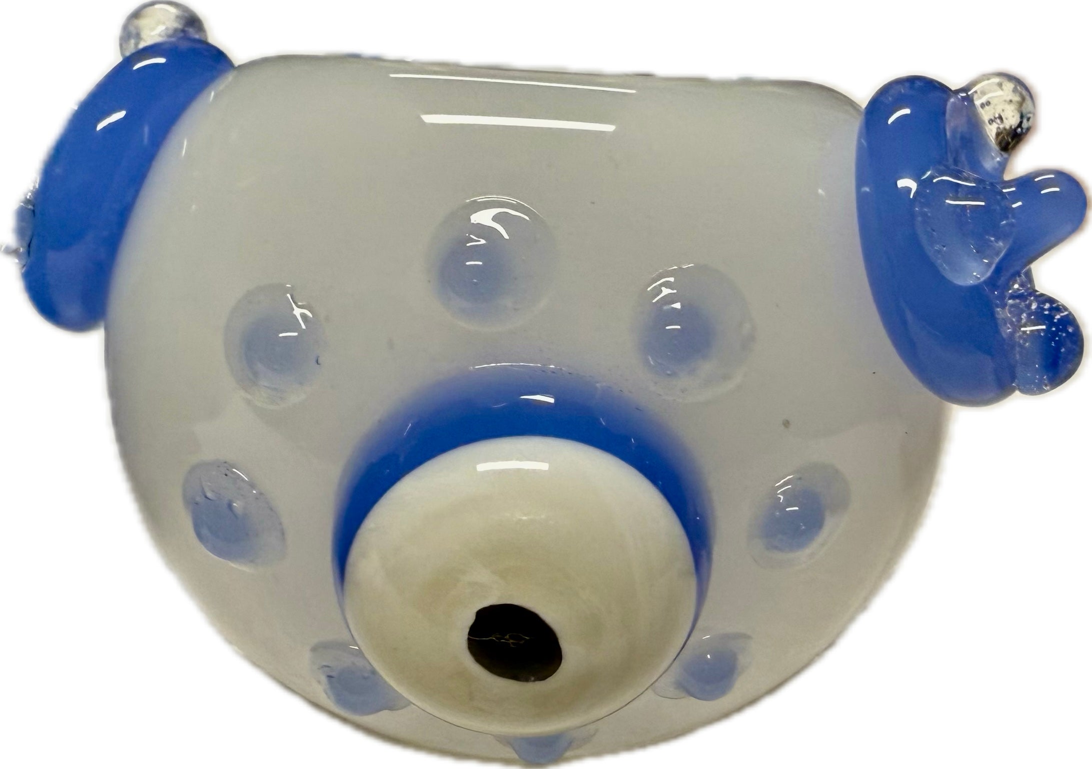 Ripkitty penguin art glass pipe — frosted clear with blue accents, side profile showing full pipe length with penguin sculpts and flipper accents