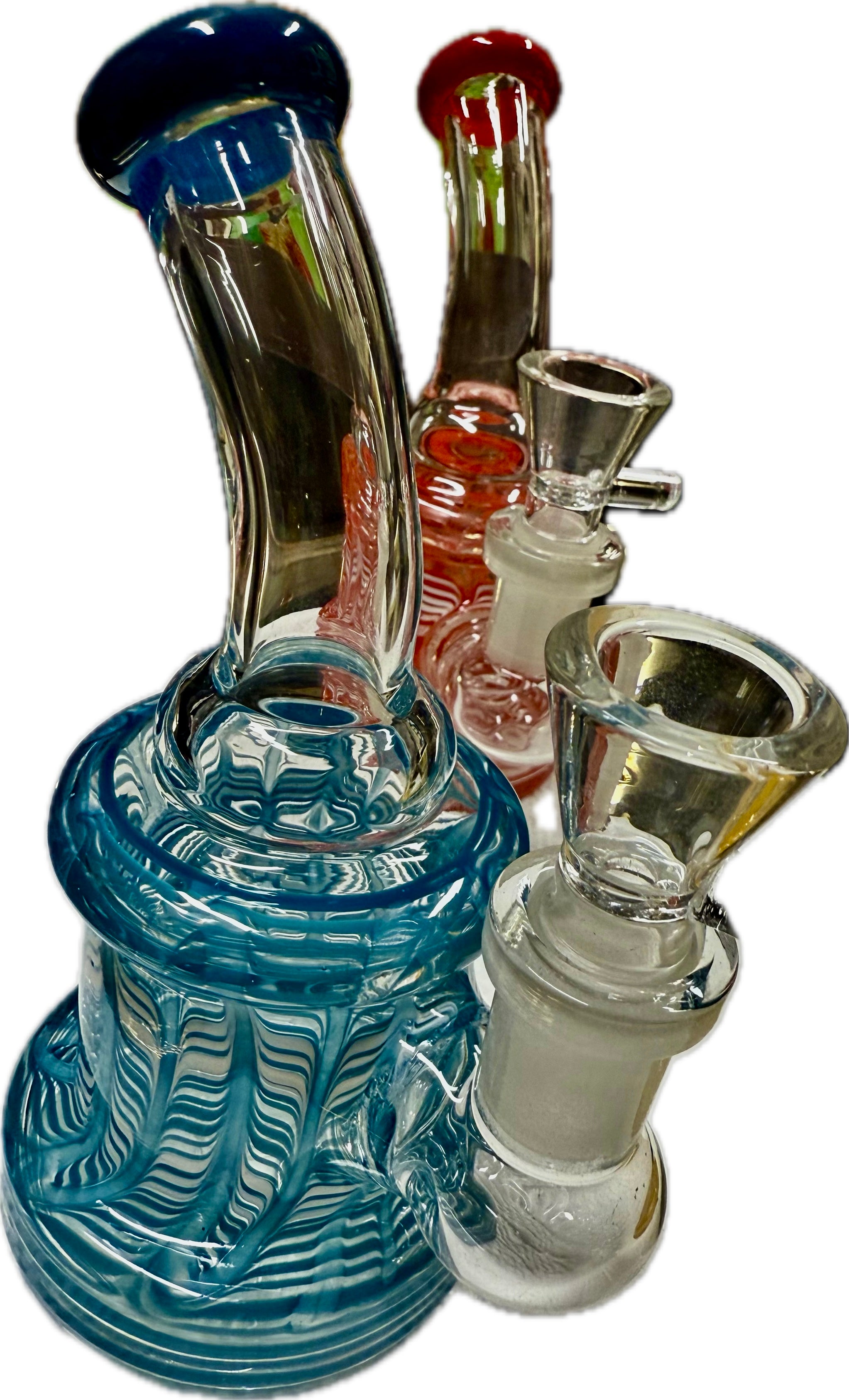 Group shot of Ripkitty 5" fancy mini bongs in assorted colorways — red, and blue — showing color variety