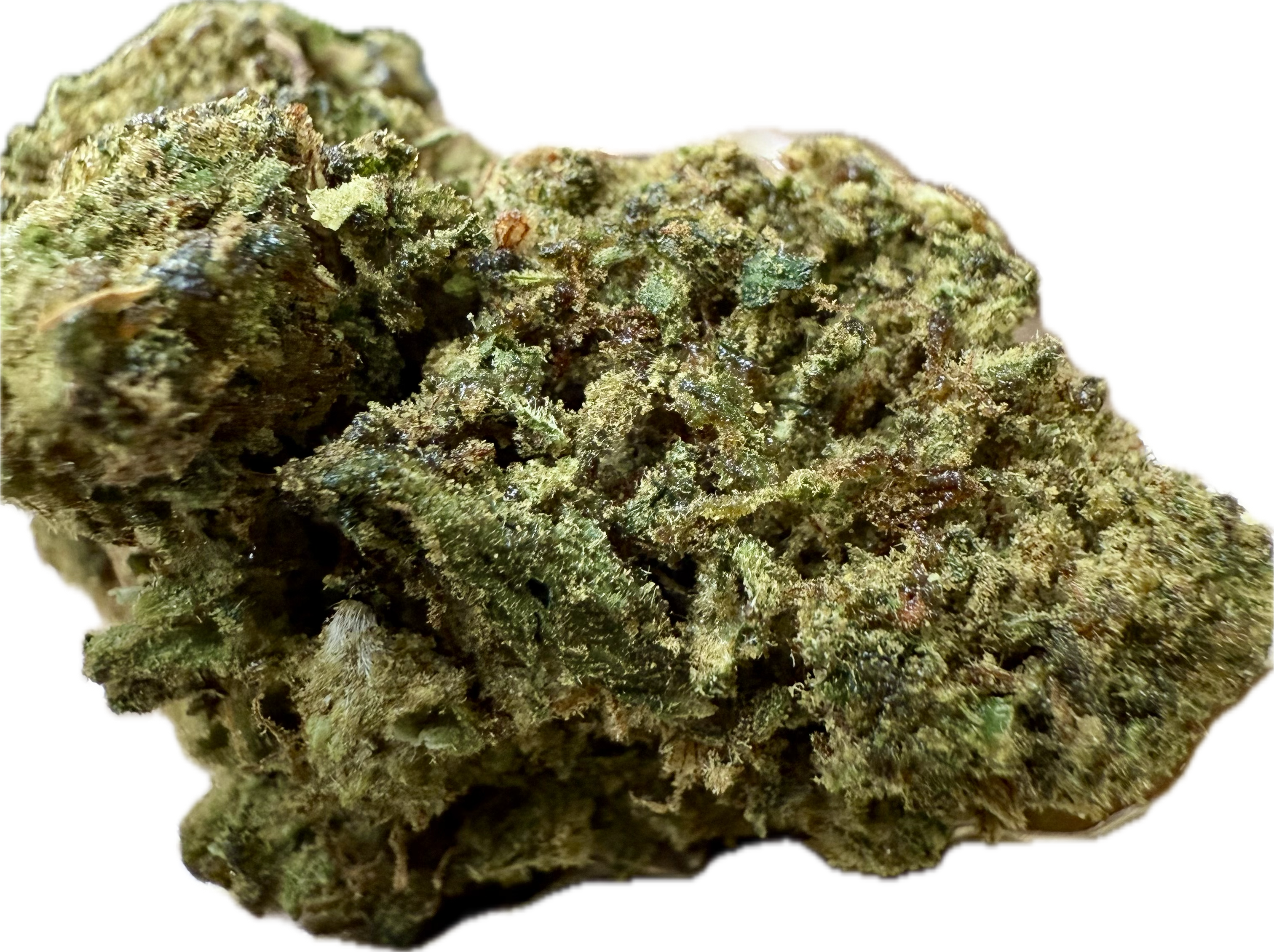 Close-up of Ripkitty Bubba Kush 59 HHC hemp flower nug showing dense green bud structure and trichome coverage