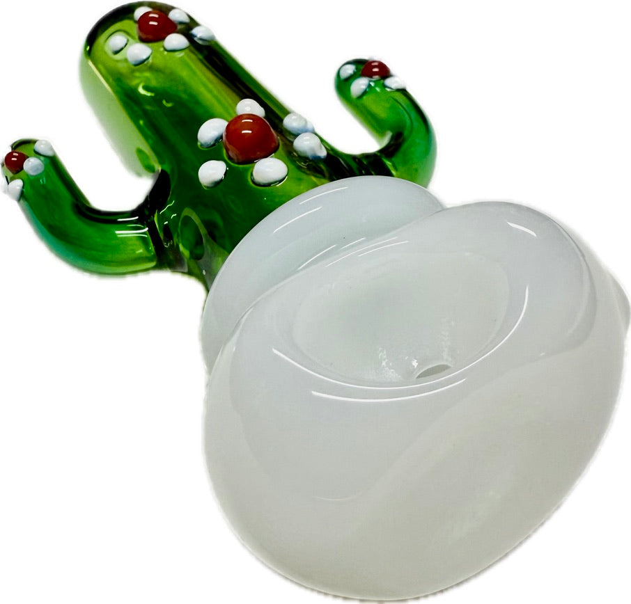 Ripkitty 4.5" cactus glass spoon pipe — angled side view showing green saguaro cactus body with white dot nodules and red bead accents, milky white bowl, white background