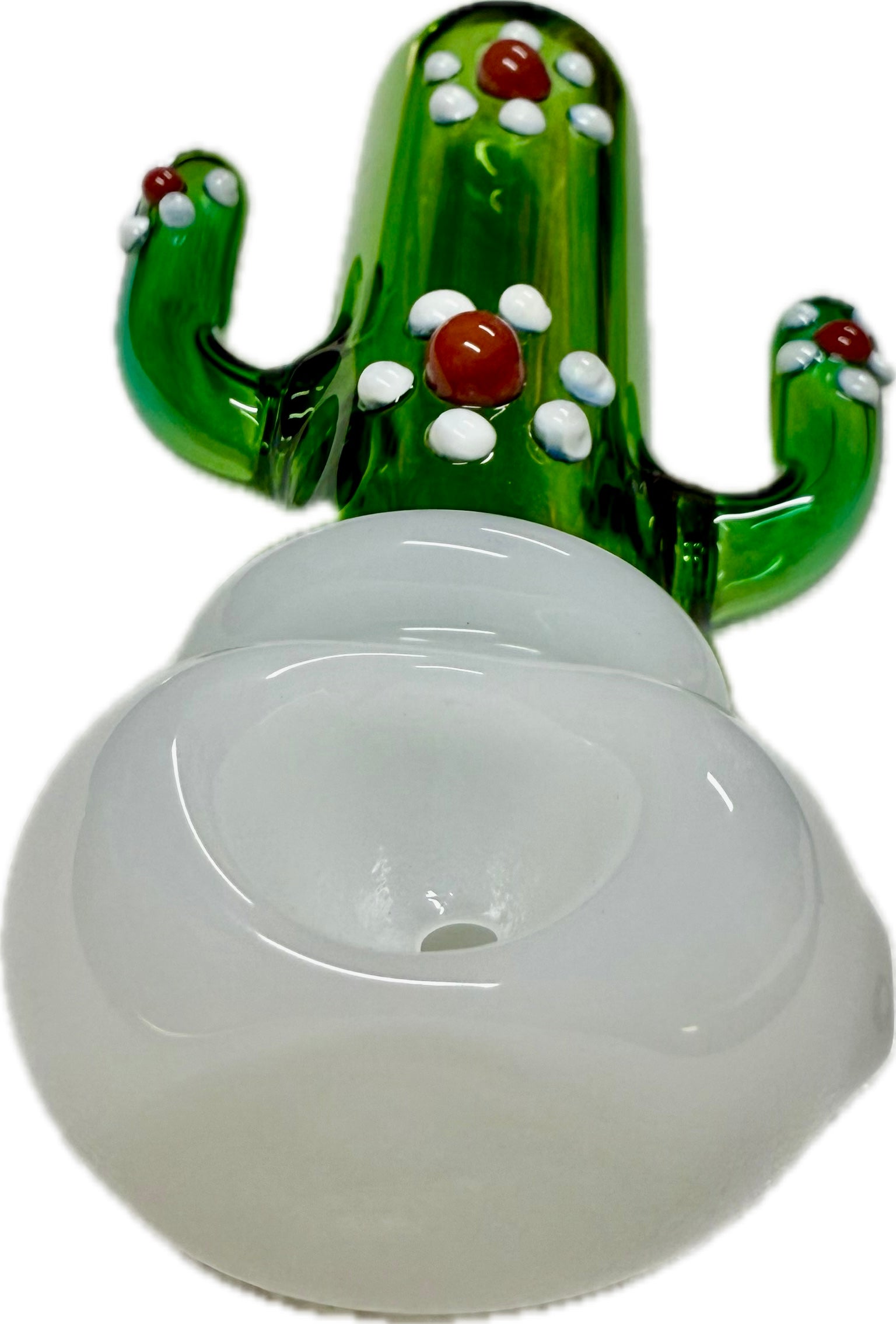 Ripkitty 4.5" cactus glass spoon pipe — front-facing view of green saguaro cactus body with white dot nodules and red bead accents, milky white opal bowl, white background