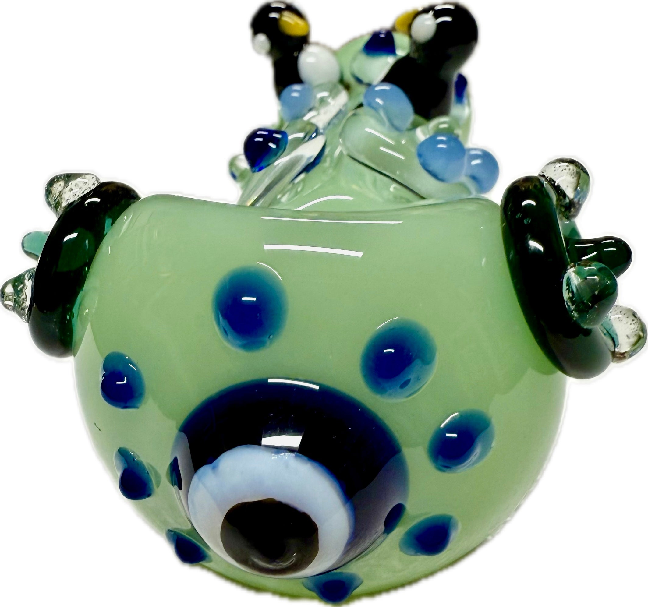 Ripkitty 4.5" penguin art glass pipe — mint green, top-down close-up of penguin sculpt trio with beak and eye detail