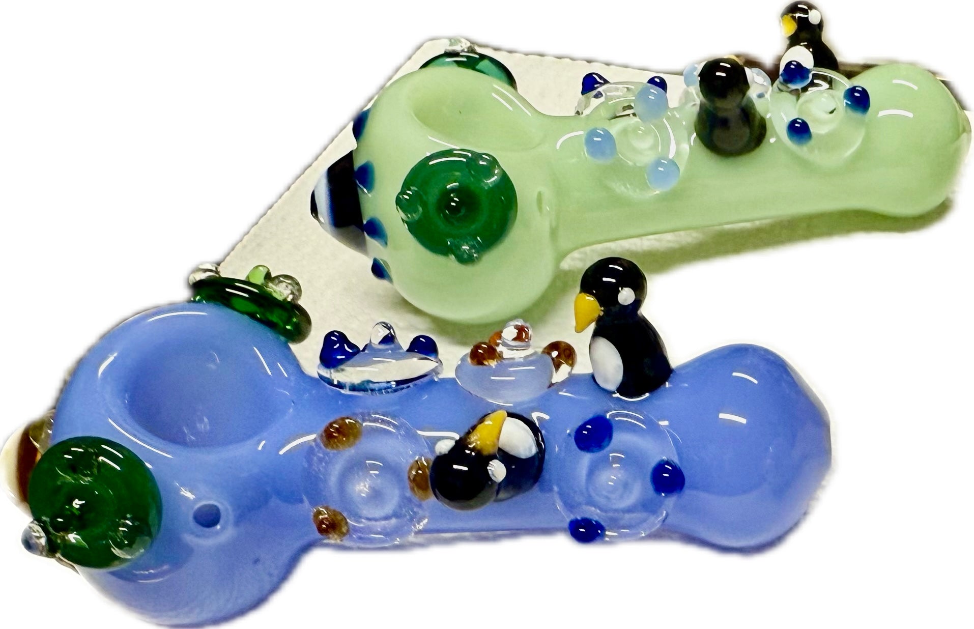 Ripkitty penguin art pipe — periwinkle blue, close-up of side flipper accent and polka dot body detail