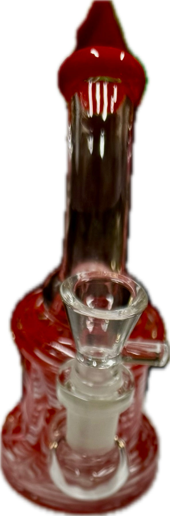 Ripkitty 5" fancy mini bong in red tower-style colorway with caged neck, ribbed base, and clear funnel bowl — white background