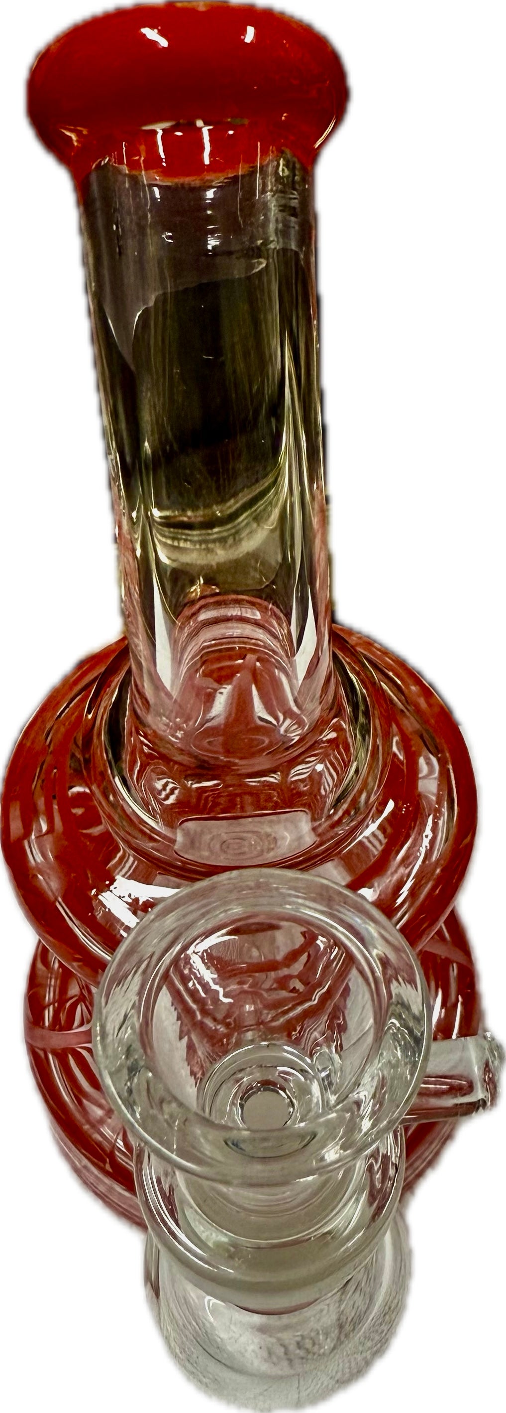 Top-down view of Ripkitty 5" fancy mini bong in red colorway showing ribbed chamber and clear 14mm bowl — white background