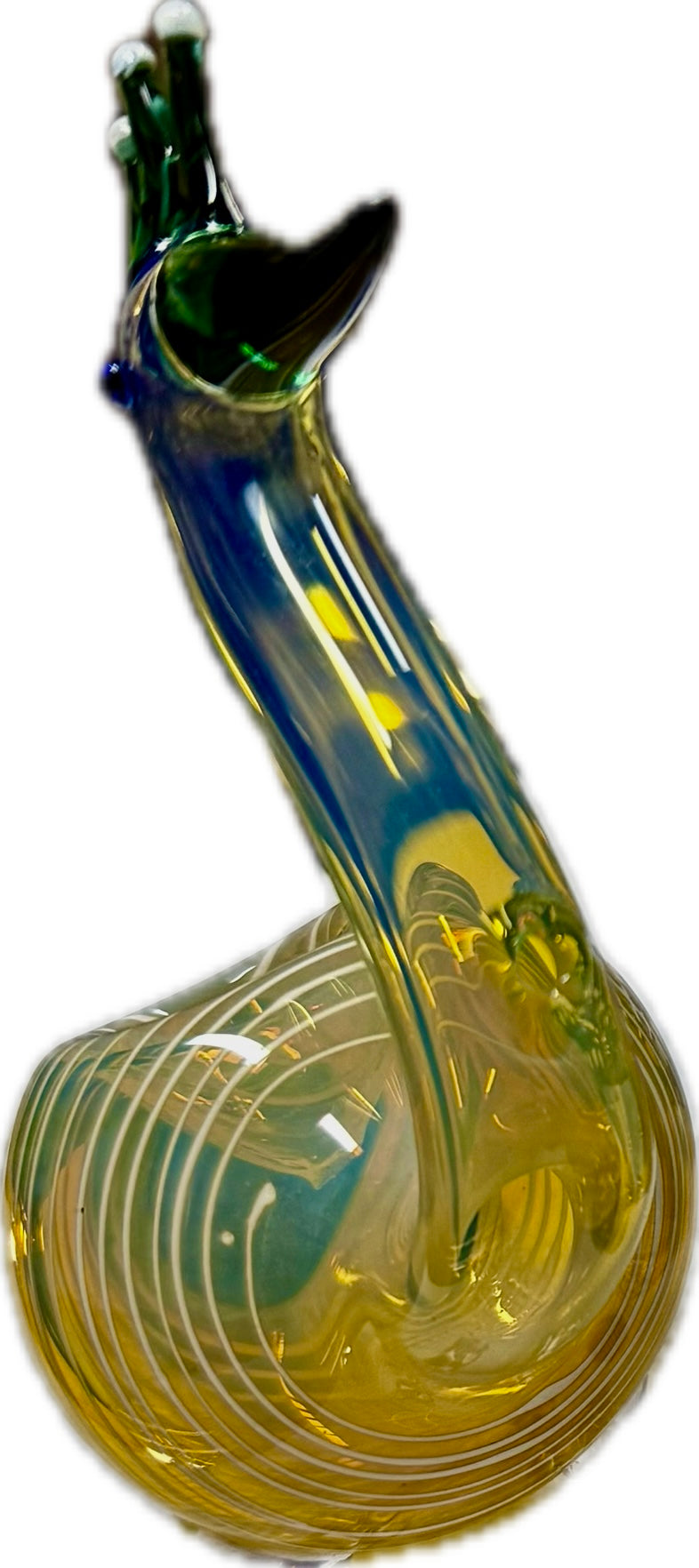 Ripkitty peacock pipe — amber-red colorway, top-down view showing crest prongs, beak mouthpiece, and warm-toned stripe body