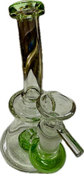 Ripkitty 7" conical bong — color shower neck, green base accent, close-up of bell base showing sculpted green percolator accent and clear chamber