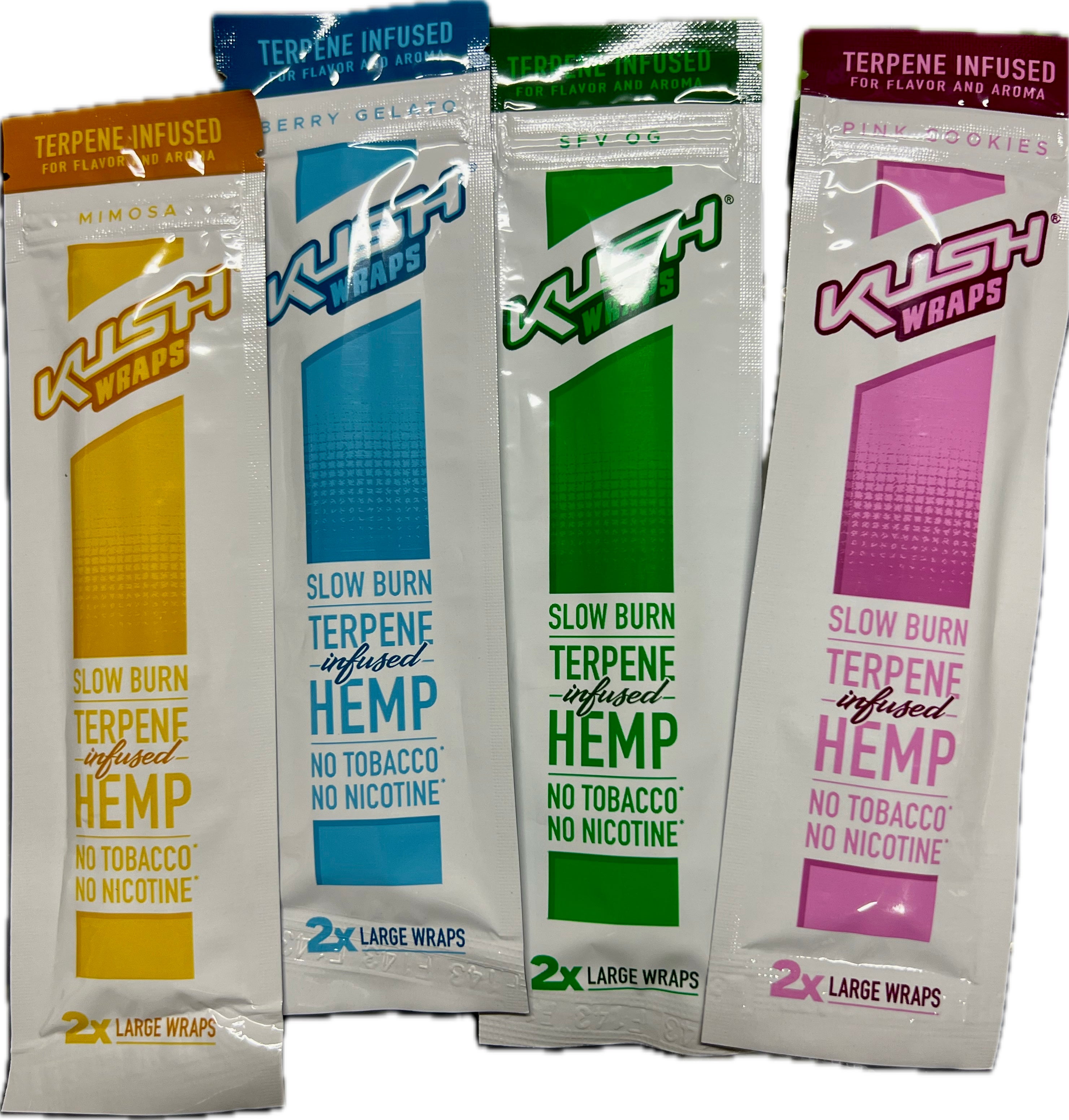 Four packages of Kush Wraps with different colored packaging on a white background