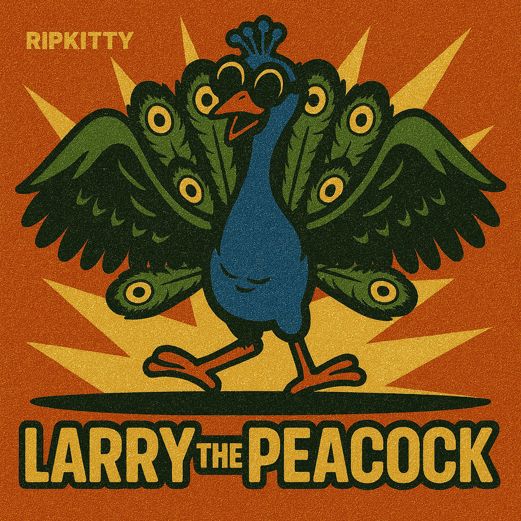 Ripkitty "Larry the Peacock" brand art card — retro-style illustrated peacock with spread feathers and eye pattern on orange background, Ripkitty branding