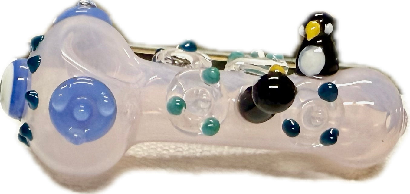 Ripkitty 4.5" penguin art pipe — white frosted, full side profile from mouthpiece to bowl with penguin figures and flipper accents