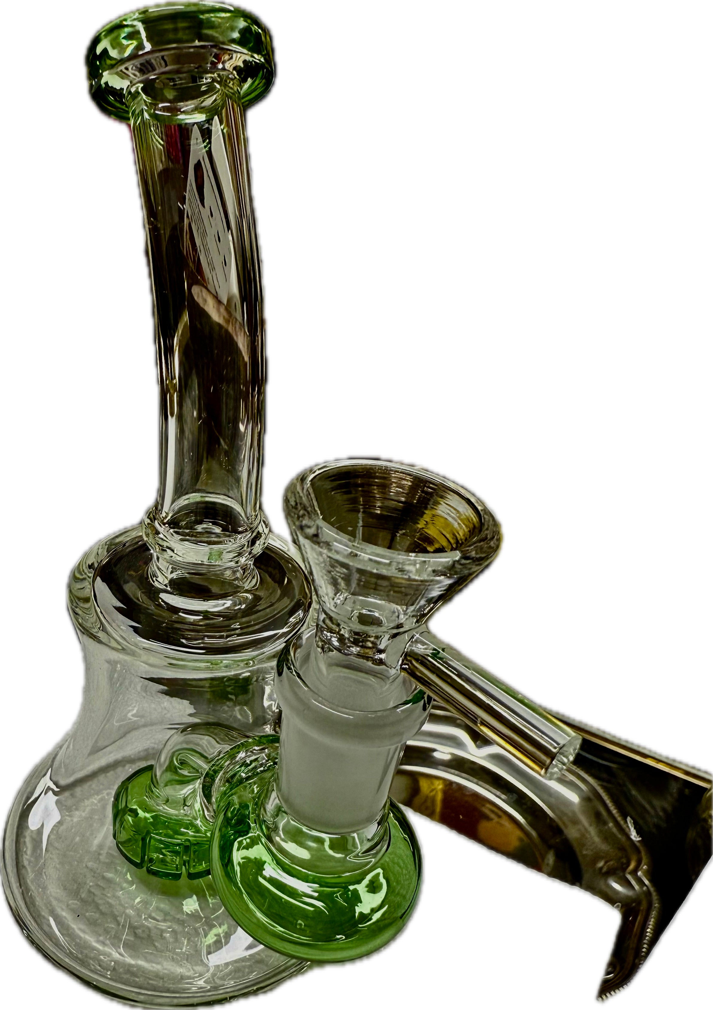 Ripkitty 7" conical bong — color shower neck, green base accent, angled view with bowl removed showing open downstem joint and bell base