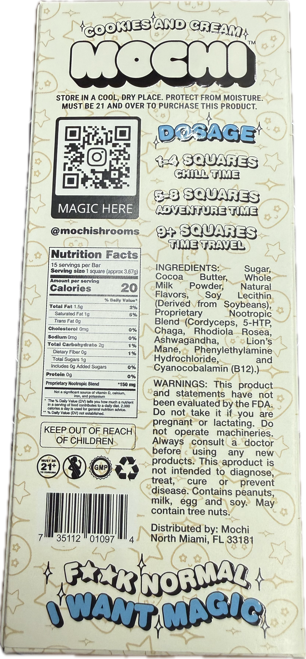 Back of a Mochi package with text and graphics, including a QR code and nutritional information.