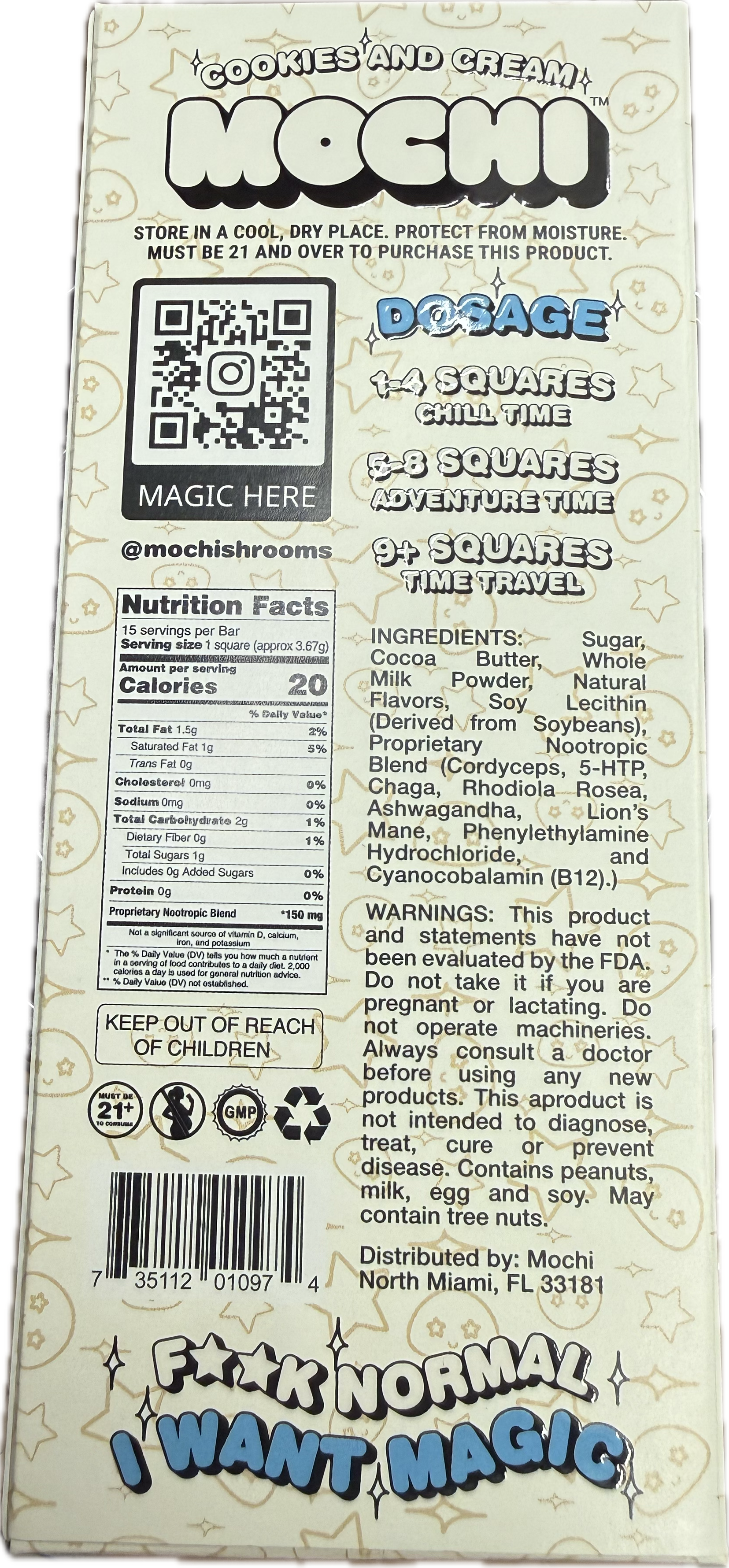 Back of a Mochi package with text and graphics, including a QR code and nutritional information.